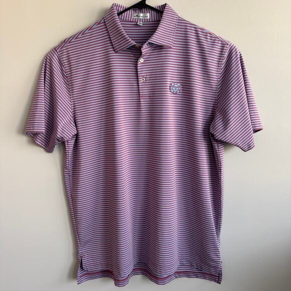 Peter Millar Polo Short Sleeve Shirt Pink Blue Striped Embroidered Sun XL - Picture 1 of 6